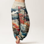 Buddha Stones Casual Blossoming Tree Koi Fish Wave Mountain Pattern Women's Elastic Waist Harem Pants - image 2