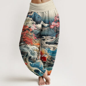 Buddha Stones Casual Blossoming Tree Koi Fish Wave Mountain Pattern Women's Elastic Waist Harem Pants - Beige - US22，UK/AU26，EU54 (6XL) - image 1
