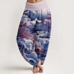 Buddha Stones Casual Blossoming Tree Koi Fish Wave Mountain Pattern Women's Elastic Waist Harem Pants - Plum - US22，UK/AU26，EU54 (6XL) - image 5