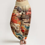 Buddha Stones Casual Blossoming Tree Koi Fish Wave Mountain Pattern Women's Elastic Waist Harem Pants - PaleGoldenrod - US22，UK/AU26，EU54 (6XL) - image 8