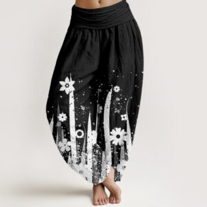 Buddha Stones Casual White Flower Grass Pattern Women's Elastic Waist Harem Pants - Black - US22，UK/AU26，EU54 (6XL) - image 1