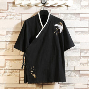 Buddha Stones Tang Suit Embroided Crane Pattern Lace-Up Side Men's Cotton Linen Short Sleeve T-Shirt