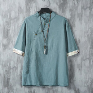 Buddha Stones Summer Chinese Frog-Button Printing Men's Plain Patchwork Half Sleeve Cotton Linen Shirt