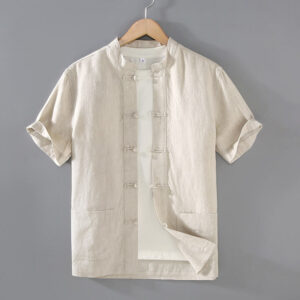 Buddha Stones Vintage Plain Tang Suit Chinese Frog-Button Cotton Linen Men's Shirt With Pockets