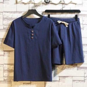Buddha Stones 2Pcs Short Sleeve T-Shirt Drawstring Short Pants With Pockets Men's Cotton Linen Meditation Cloth Set