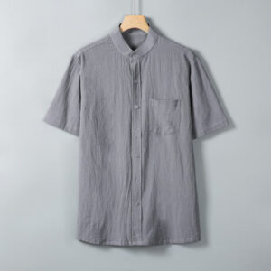 Buddha Stones Daily Printing Solid Color Single Breasted Men's Short Sleeve Cotton Linen Shirt WIth Pockets