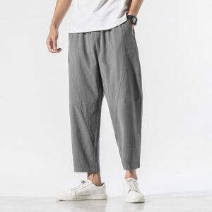 Buddha Stones Vintage Jacquard Solid Color Drawstring Cotton Linen Men's Harem Pants With Pockets