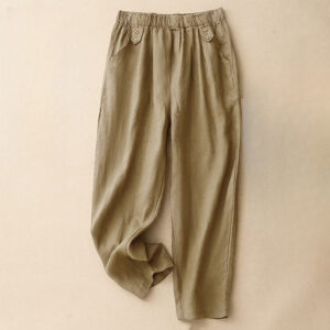 Buddha Stones Summer Plain Casual 7-8 Length Buttons Women's Cotton Linen Harem Pants With Pockets