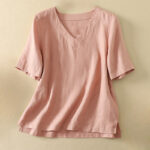 Buddha Stones Summer Casual Plain Women's V-neck Design Half Sleeve T-shirt - Pink - US8-10，UK/AU12-14，EU40-42 (2XL) - image 6