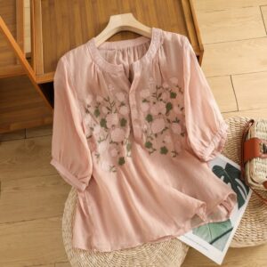 Buddha Stones Casual Women's Flowers Green Leaves Embroidery Pattern V-Neck Design Half Sleeve Cotton Linen Shirt