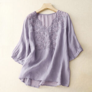 Buddha Stones Summer Casual Embroidered Flowers Women's V-neck Design Half Sleeve Acrylic T-shirt