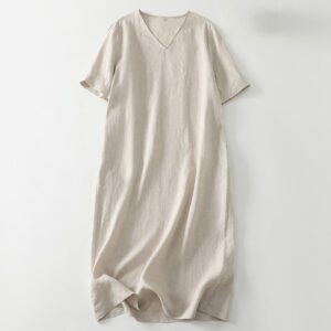 Buddha Stones Summer Casual Plain Design V-Neck Short Sleeve Cotton Linen Midi Dress With Pockets