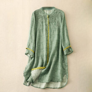 Buddha Stones Summer Casual Embroidered Stand Collar Design Three Quarter Sleeve Acrylic Midi Dress
