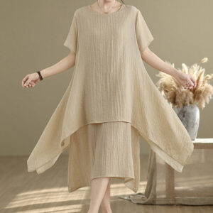 Buddha Stones Summer Casual Plain Design Crew Neck Short Sleeve Cotton Linen Blended Double Layer Midi Dress