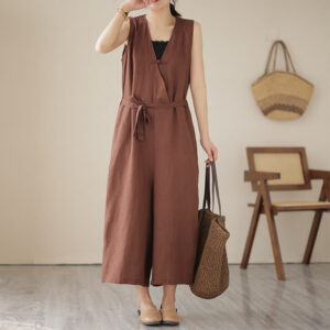 Buddha Stones Casual Lace-Up Simple Sleeveless Design Women's Cotton Linen Jumpsuit With Pockets