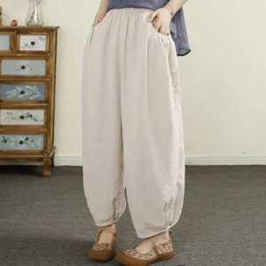 Buddha Stones Vintage Solid Color Embroidery Cotton Linen Women's 7-8 Length Harem Pants With Pockets