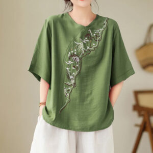 Buddha Stones Ethnic Casual Embroidered Geometry Pattern Women's Crew Neck Design Half Sleeve T-Shirt
