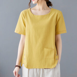 Buddha Stones Side Slit Design Women's Cotton Linen Crew Neck Short Sleeve T-Shirt Wtih Pocket