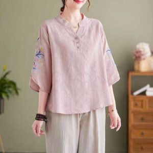 Buddha Stones Summer Embroidery Flower Three Quarter Sleeve Design Women's Cotton Linen  Notched Collar Shirt