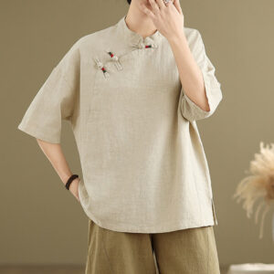 Buddha Stones Plain Chinese Frog-Button Stand Collar Design Women's Cotton Linen Half Sleeve Shirt