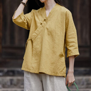 Buddha Stones Vintage  Zen Pure Color Lace Up Side Patchwork Design Women's Cotton Linen Half Sleeve Shirt Cardigan