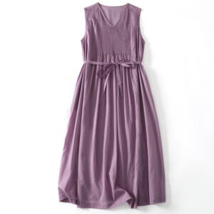 Buddha Stones Solid Color Accordion Design Sleeveless Cotton Midi Dress With Pockets