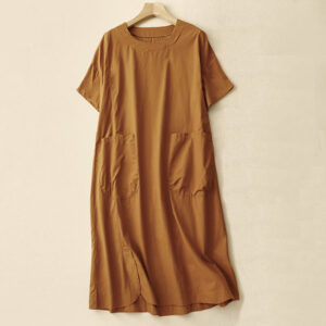 Buddha Stones Summer Plain Crew Neck Simple Short Sleeve Design Midi Dress With Pockets