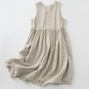 Buddha Stones Daily Casual Pure Color V-Neck Simple Buttons Design Sleeveless Midi Dress