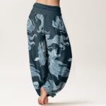 Buddha Stones Koi Fish Waves Pattern Design Women's Elastic Waist Harem Pants - image 2