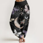Buddha Stones Butterfly Flowers Crescent Moon Pattern Design Women's Elastic Waist Harem Pants - Black - US22，UK/AU26，EU54 (6XL) - image 1
