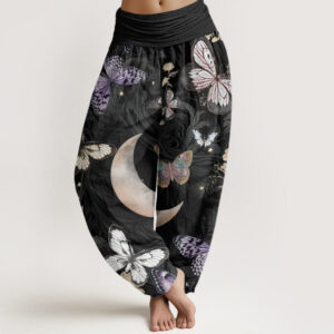 Buddha Stones Butterfly Flowers Crescent Moon Pattern Design Women's Elastic Waist Harem Pants - Black - US22，UK/AU26，EU54 (6XL) - image 1