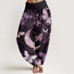 Buddha Stones Butterfly Flowers Crescent Moon Pattern Design Women's Elastic Waist Harem Pants - Plum - US22，UK/AU26，EU54 (6XL) - image 8