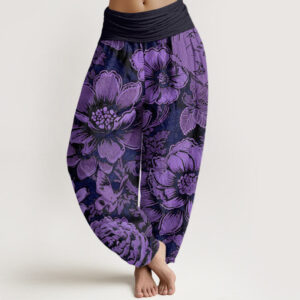 Buddha Stones Peony Flowers Butterfly Pattern Design Women's Elastic Waist Harem Pants - Purple - US22，UK/AU26，EU54 (6XL) - image 1