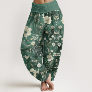 Buddha Stones White Flowers Winding Vines Pattern Design Women's Elastic Waist Harem Pants - MediumAquamarine - US22，UK/AU26，EU54 (6XL) - image 1