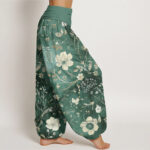 Buddha Stones White Flowers Winding Vines Pattern Design Women's Elastic Waist Harem Pants - image 3