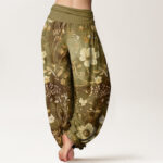Buddha Stones White Flowers Winding Vines Pattern Design Women's Elastic Waist Harem Pants - image 6