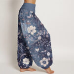 Buddha Stones White Flowers Winding Vines Pattern Design Women's Elastic Waist Harem Pants - image 10