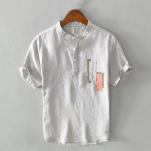 Buddha Stones Daily Plain Patch Color Matching Design Men's Short Sleeve Cotton Linen Shirt