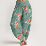 Buddha Stones Red White Koi Fish Pattern Design Women's Elastic Waist Harem Pants - MediumTurquoise - US22，UK/AU26，EU54 (6XL) - image 5