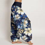 Buddha Stones Creamy White Flowers Pattern Design Women's Elastic Waist Harem Pants - image 3