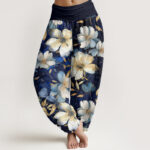 Buddha Stones Creamy White Flowers Pattern Design Women's Elastic Waist Harem Pants - MediumSlateBlue - US22，UK/AU26，EU54 (6XL) - image 1