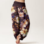 Buddha Stones Creamy White Flowers Pattern Design Women's Elastic Waist Harem Pants - image 6