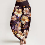 Buddha Stones Creamy White Flowers Pattern Design Women's Elastic Waist Harem Pants - Peru - US22，UK/AU26，EU54 (6XL) - image 5