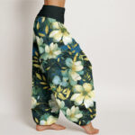 Buddha Stones Creamy White Flowers Pattern Design Women's Elastic Waist Harem Pants - image 10