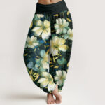 Buddha Stones Creamy White Flowers Pattern Design Women's Elastic Waist Harem Pants - Black - US22，UK/AU26，EU54 (6XL) - image 8