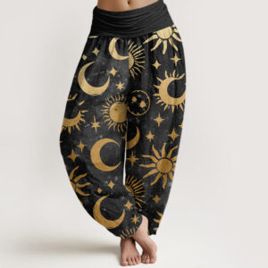 Buddha Stones Crescent Moon Sun Stars Pattern Design Women's Elastic Waist Harem Pants - Black - US22，UK/AU26，EU54 (6XL) - image 1