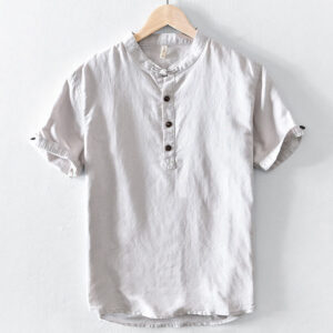 Buddha Stones Solid Color Half Button Design Stand Collar Men's Short Sleeve Cotton Linen Shirt