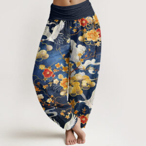 Buddha Stones Auspicious Clouds White Cranes Red Flowers Pattern Design Women's Elastic Waist Harem Pants - RoyalBlue - US22，UK/AU26，EU54 (6XL) - image 1