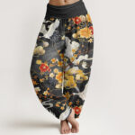 Buddha Stones Auspicious Clouds White Cranes Red Flowers Pattern Design Women's Elastic Waist Harem Pants - Black - US22，UK/AU26，EU54 (6XL) - image 5