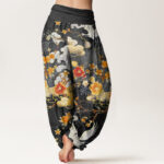 Buddha Stones Auspicious Clouds White Cranes Red Flowers Pattern Design Women's Elastic Waist Harem Pants - image 6